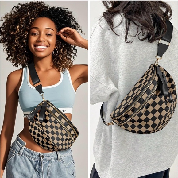 Handbags - 🖤🤎Black Tan Rose Gold Checkerboard Bum Bag Crossbody Sling Bag, Wide Strap, NWOT